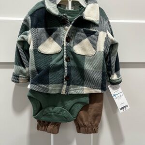 Carter's Green Plaid Fleece Jacket with Green Bodysuit and Brown Pants